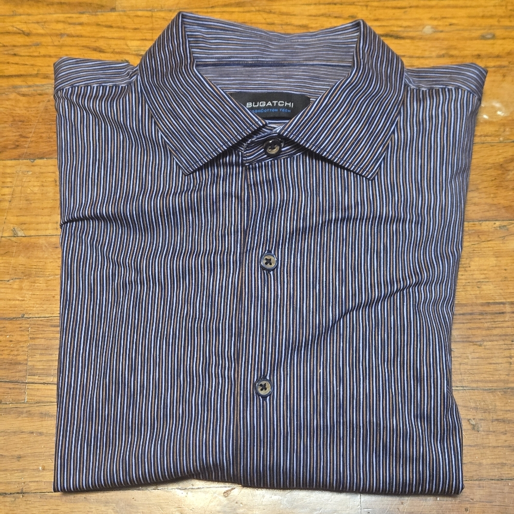 BUGATCHI Ooohcotton Tech 8-Way Stretch Stripes Mocha Shirt Men'sShirt- XL
